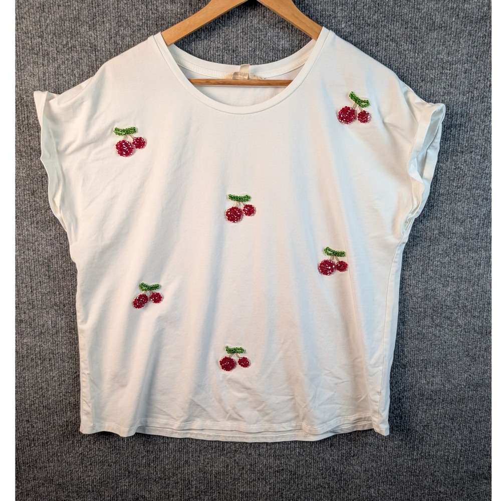 Mesh + Love Womens White 3D Beaded Cherry Short Sleeve Top XL RN157130